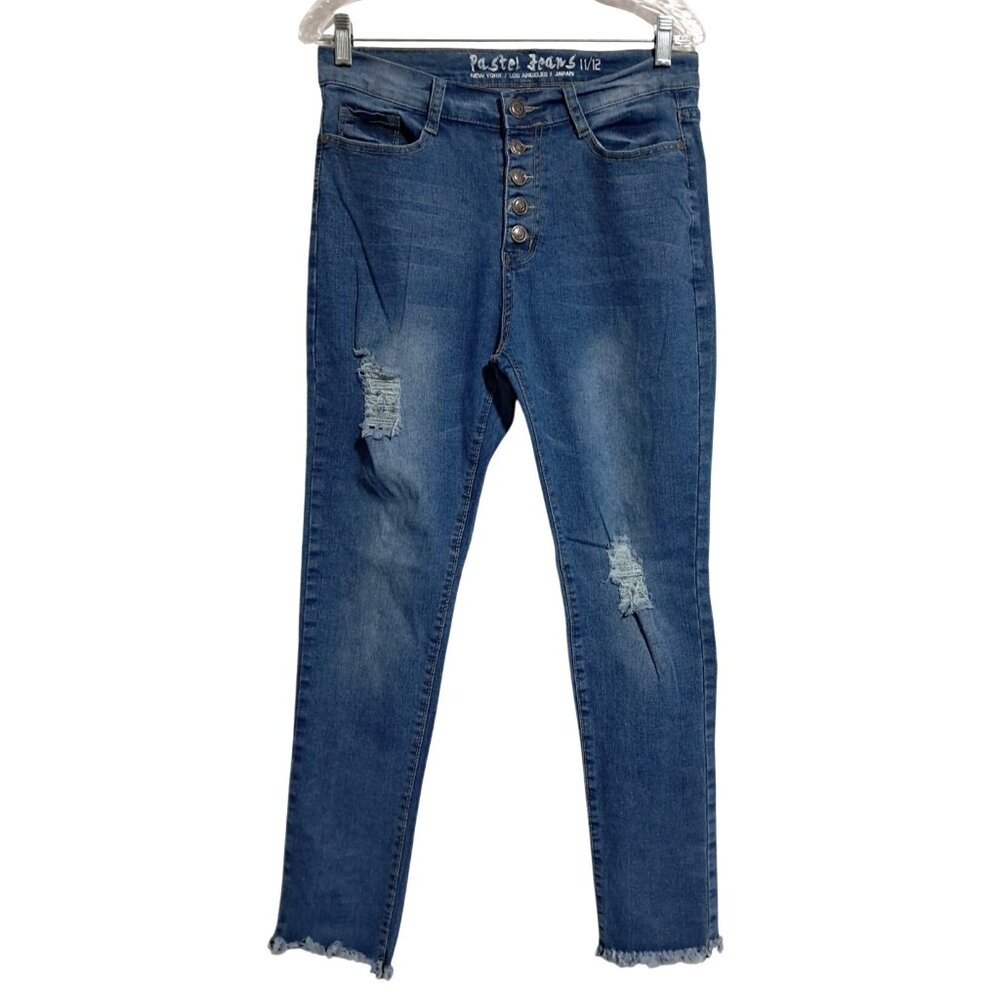Pastel Jeans Womens Distressed Mid-Rise‎ Button-Fly Skinny Jeans Size 11/12 Blue